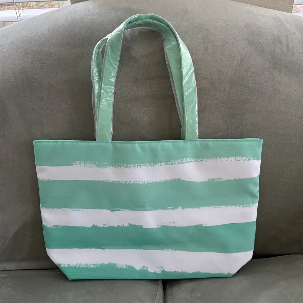 NWT Clinique x Drawbertson Mint & White Striped Lined Tote Bag Boho Beach Vaca - Picture 6 of 8